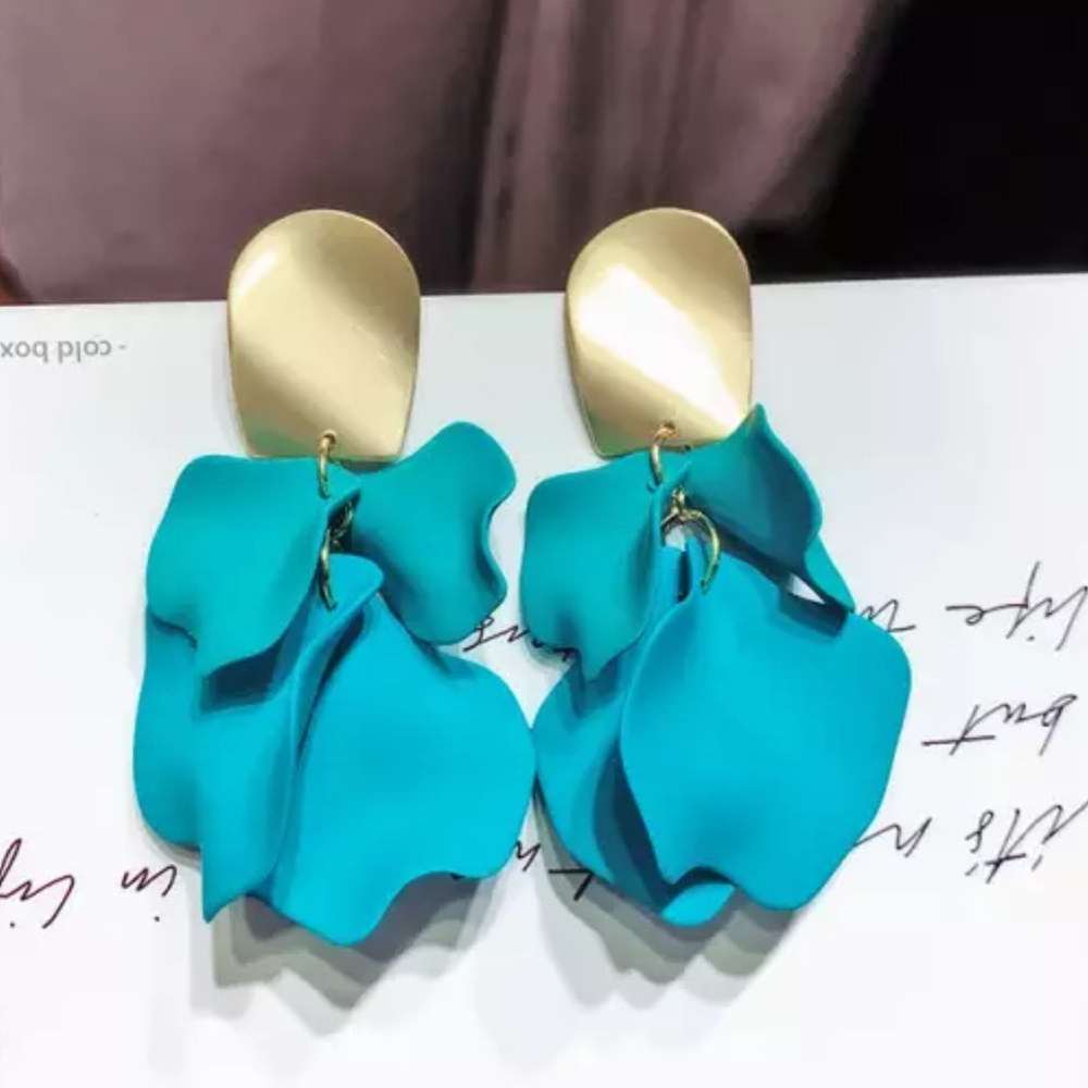 Rose petal dangle earrings gold and turquoise